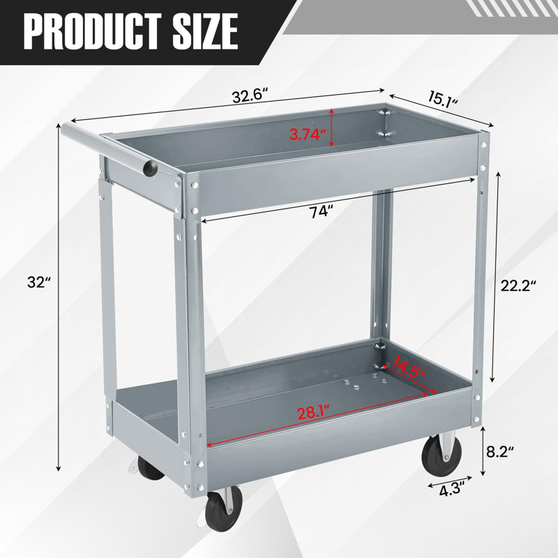 2 Tier Rolling Tool Cart, 220 LBS Capacity Heavy Duty Utility Cart with Wheels, Steel Service Cart with Handle, Ideal for Garage, Workshop, Warehouse, Repair Shop