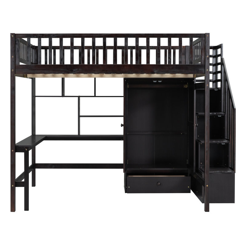 Lit mezzanine double avec bureau, bibliothèque, tiroirs et garde-robe, lit peu encombrant pour enfants et adolescents, blanc