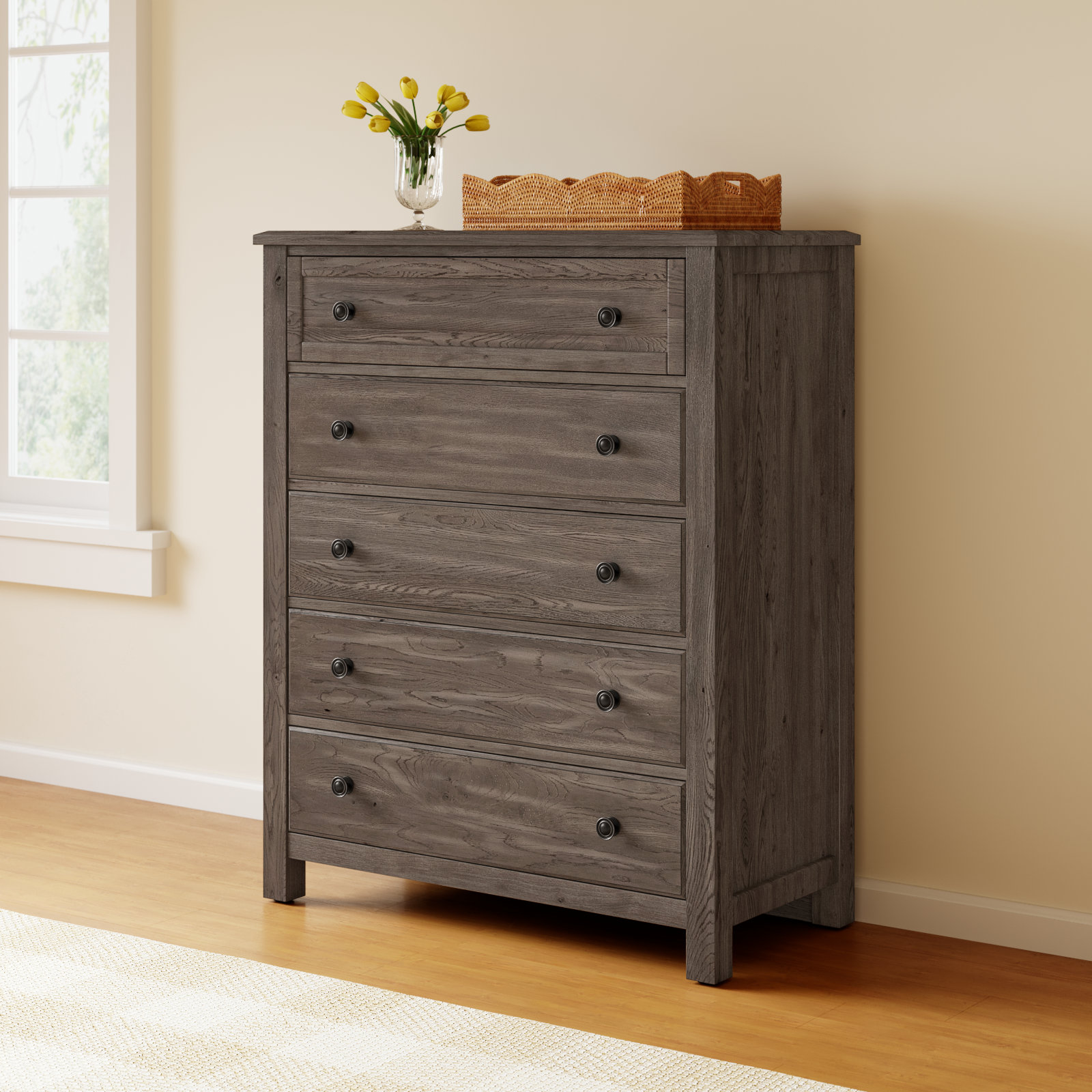 Lewin 43" Oak 5-Drawer Chest, Driftwood Gray