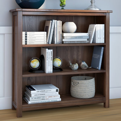 Revere 3-Shelf Low Wide Bookcase, Adjustable Shelves | Deep Rustic Brown Lacquer