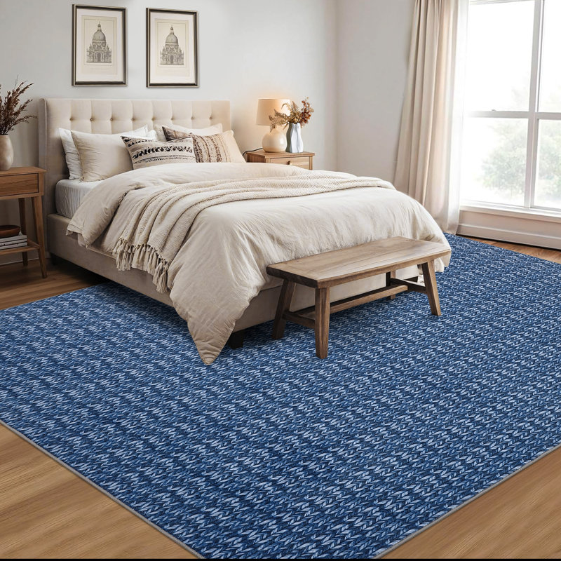 Modern Rug for Living Room 5x7 Non-Slip Printed Braided Throw Rug, Contemporary Solid Accent Carpet, Machine Washable Indoor Floor Cove for Bedroom, Kitchen, Office, Blue