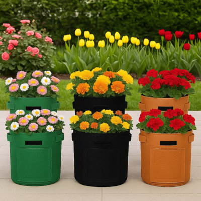 13.8" 7-Gallon Grow Bags with Window, Set of 6 – Fabric Potato Planter Pots with Harvest Flap, Mixed Colours (2 Black, 2 Green, 2 Orange Ginger)