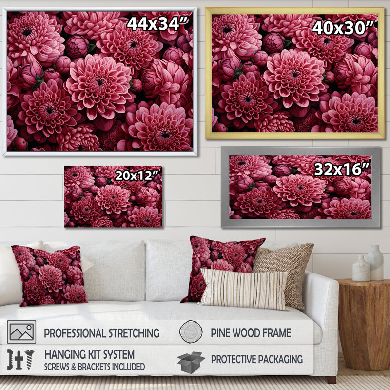«Pink Chrysanthemums Gardens Collage II - Chrysanthemums», art mural, H 24 po x l 32 po x P 1 po, Cadre flottant blanc