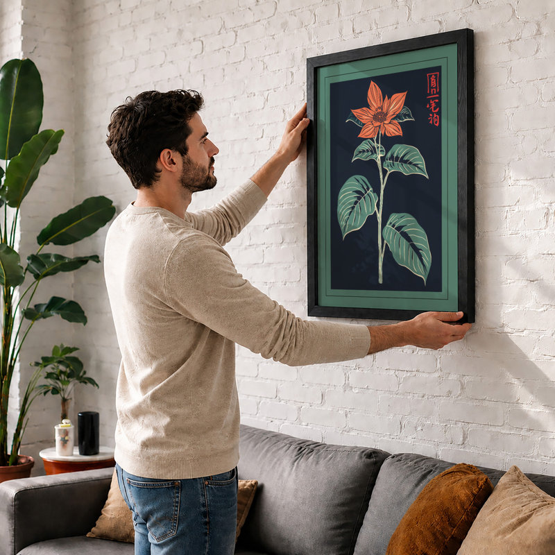 Rust Bloom on Navy Botanical - Framed Print, Black, A4 - 29.7 x 21.0 cm