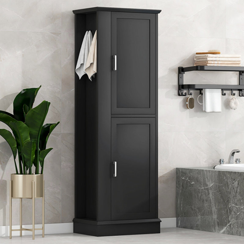 Grande armoire de rangement pour salle de bain, armoire de rangement autoportante avec crochet et tablette réglable, panneau de fibres à densité moyenne