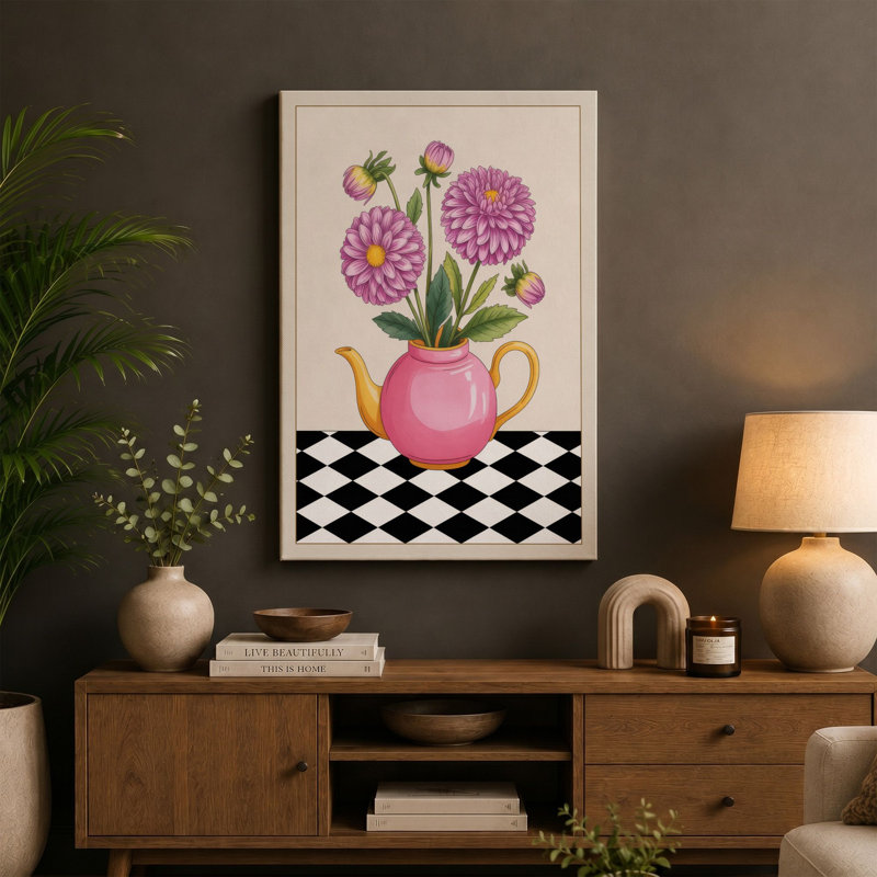 Dahlias in Pink Teapot Botanical - Wrapped Canvas, 30x20 - 76.2 x 50.8 cm, White Border