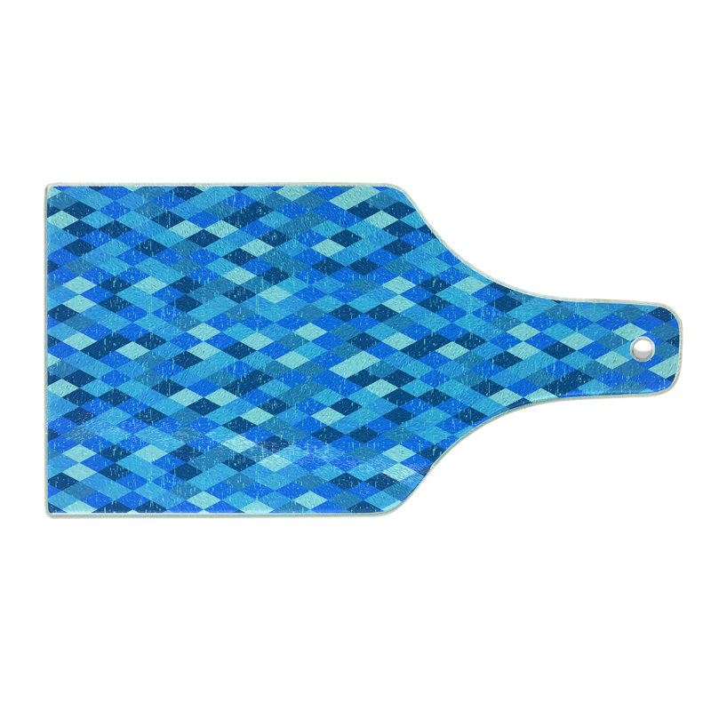 Ambesonne Blue Tempered Glass Cutting Board Diagonal Checked Pattern Turquoise Dark Blue