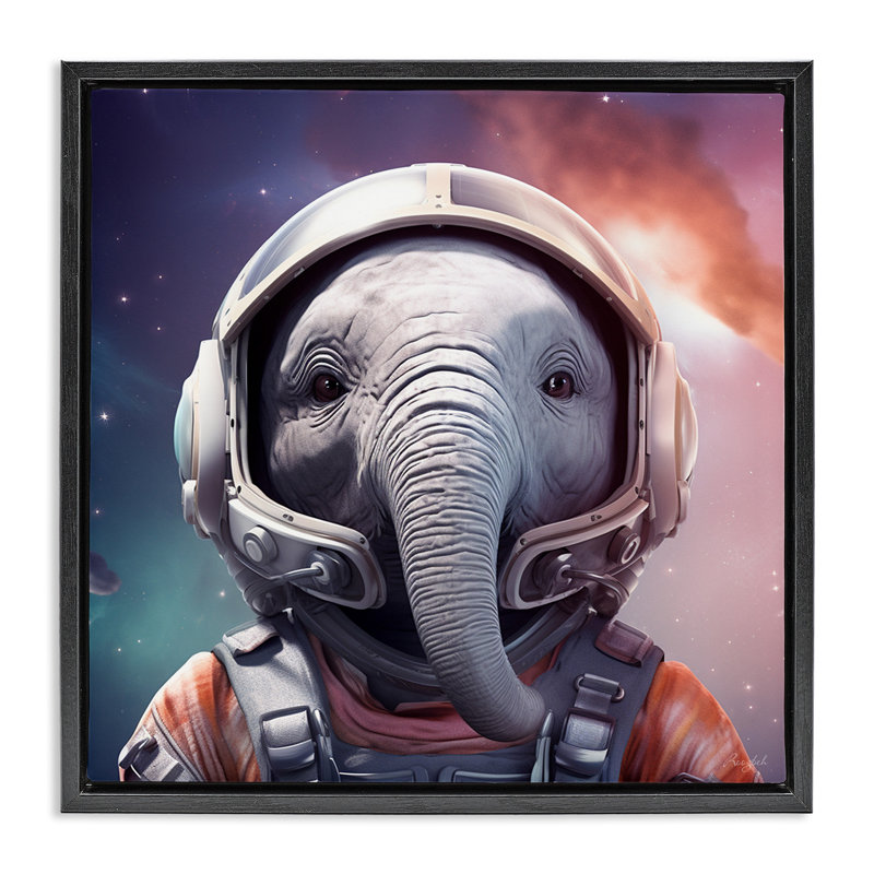 Portrait d'astronaute éléphant, H 18 po x l 18 po, Cadre flottant noir de jais