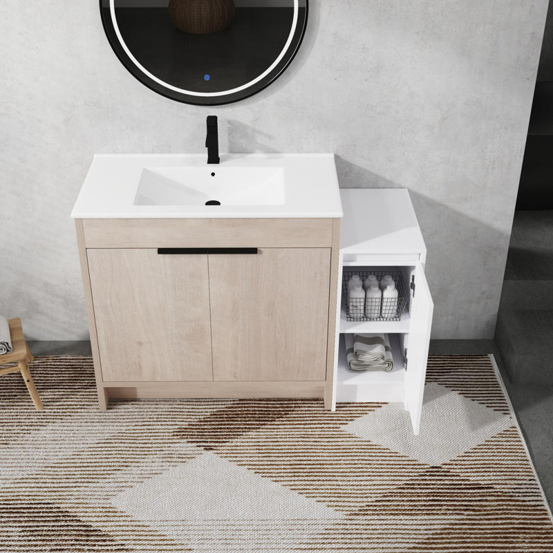 Meuble-lavabo autoportant avec lavabo en céramique et armoires de rangement, porte à fermeture douce, 47.7, Blanc