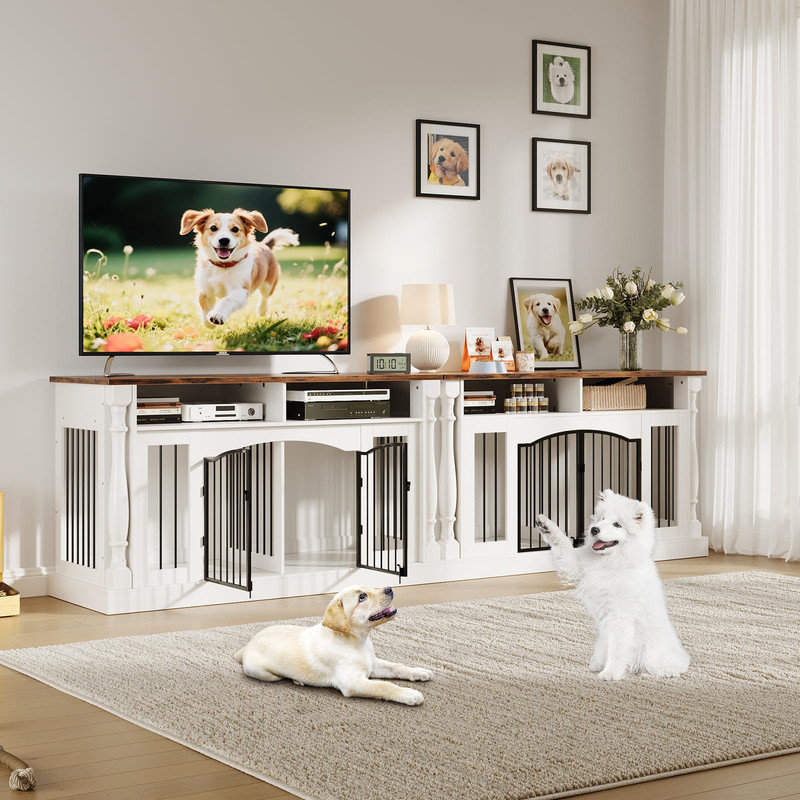 Caisse pour chien 63 pouces en bois avec colonnes romaines - portes doubles, diviseur, rangement pour meuble télé, Brun