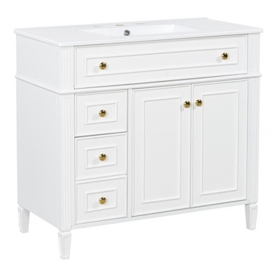 36 Inch Bathroom Vanity With Sink, White  Wood Cabinet With Flip-Out Drawer, 3 Drawers And 2 Soft-Close Doors, Gold Handles & Modern Design