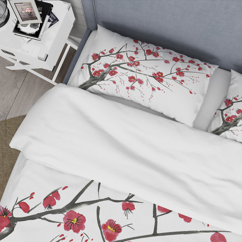 Blossoming Pink And Red Plum Flowers I - Traditional Duvet Cover Set - Microfiber Polyester
