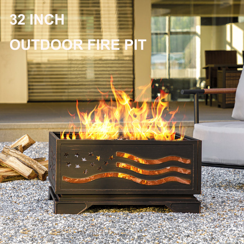 32 Inch Wood Burning Fire Pit, American Flag Firepits for Outside