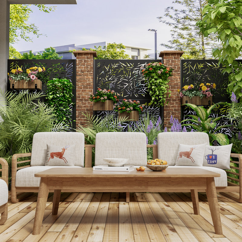 6ft. H × 4 ft. W Metal Privacy Screen Fence Panel Bamboo Leave Pattern, Black