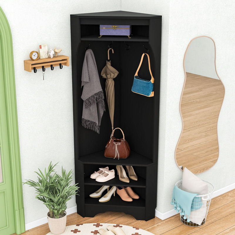 Modern Corner Coat Rack with Shoe Bench & Storage, Black
