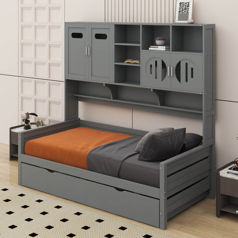 Lit de jour en bois avec lit gigogne et armoire et tablette tout-en-un, Gris, Lit simple