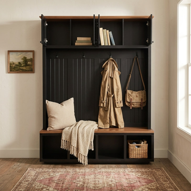 Arbre d'entrée 59 po avec banc, armoires de rangement, portemanteau et crochets, rangement pour vestibule et couloir, Black