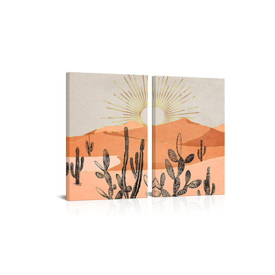 Boho Wall Art Canvas Cactus Desert Mountain Range Painting Prints Modern Southwest Boho Cactus Wall Decor - 16"x24"x2PCS (Orange)