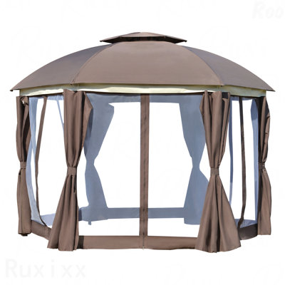 Moustiquaire ronde 12X12FT en acier, moustiquaire pour l'extérieur avec double toit et rideaux (brun)