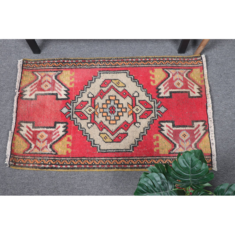 Small Vintage Turkish Mat Perfect For Door Entry Or As A Delightful Gift For The Home In A Vibrant Red