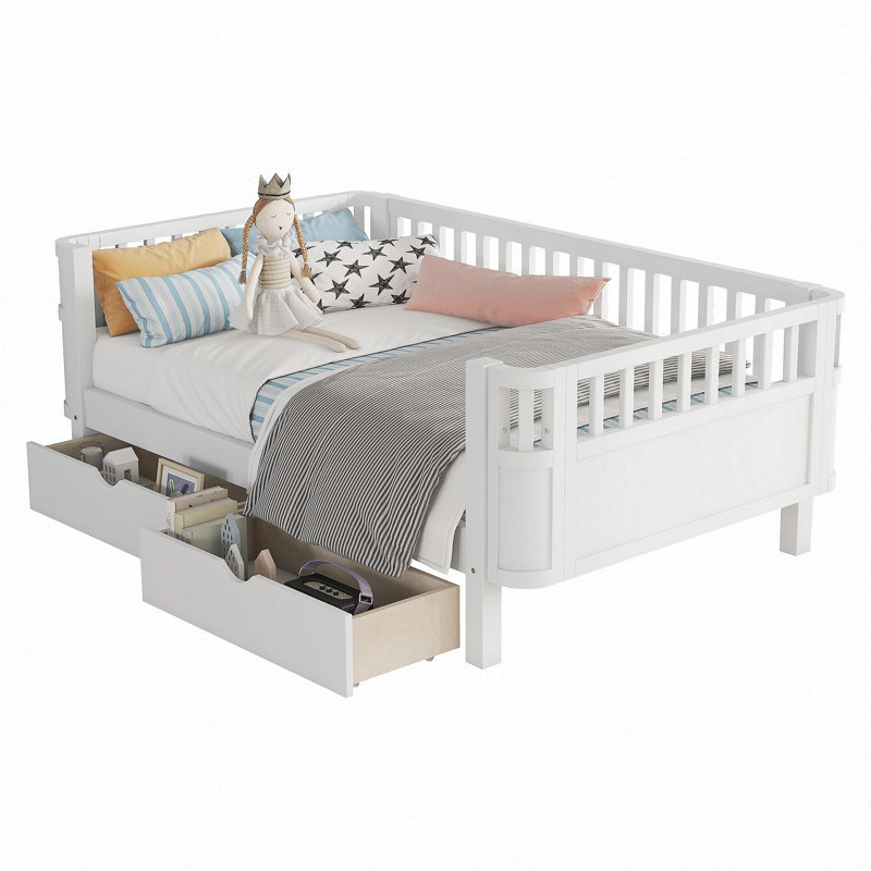 Lit plateforme simple en bois pour enfants, lit simple en bois à profil bas avec rails, blanc, Twin, White