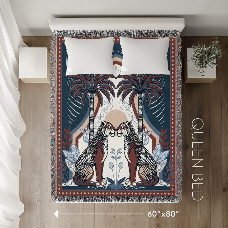 Jeté en mélange de coton Faya Tiger, L 80 po x l 60 po, Rouge / Bleu