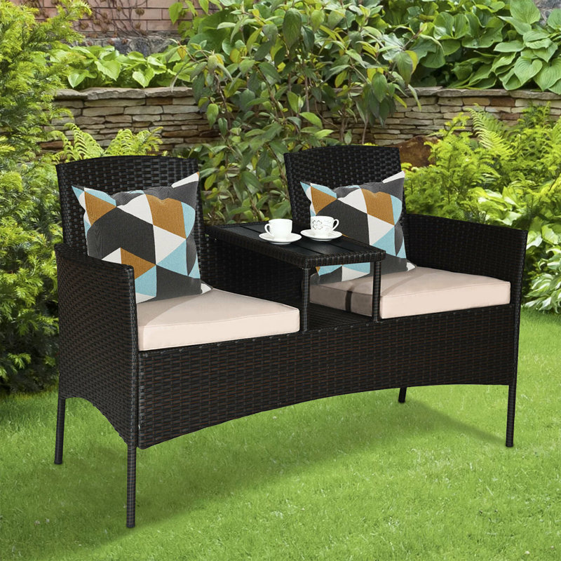 Causeuse d'extérieur en rotin avec table basse et coussins Jaylyn, Beige