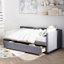 Lit plateforme simple tapissier en forme de L avec rangement spacieux et tiroirs, parfait pour les chambres modernes et peu encombrant.-1967460377