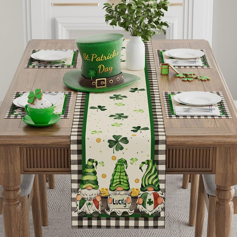Plaid Gnomes, Shamrocks, And Clovers Table Runner, St. Patrick’S Day Party And Kitchen Decor