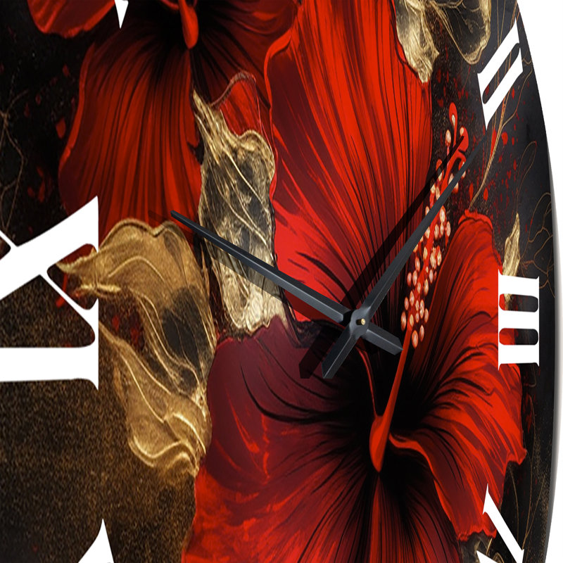 Horloge murale rouge - Hibiscus doré sur fond noir II, Grand