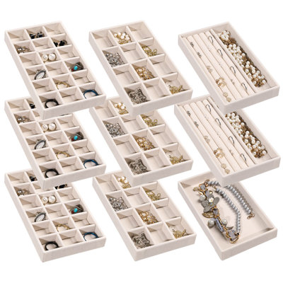 Ensemble de 9 plateaux empilables en velours, inserts de tiroir et boucles d'oreilles pour femmes