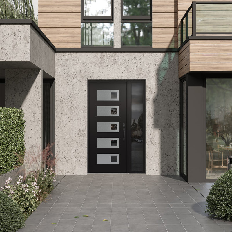 D2 X 80 po Panneau d'entrée en verre argenté noir et noir à panneau avec porte d'entrée avant en verre à miroir Sidelite
