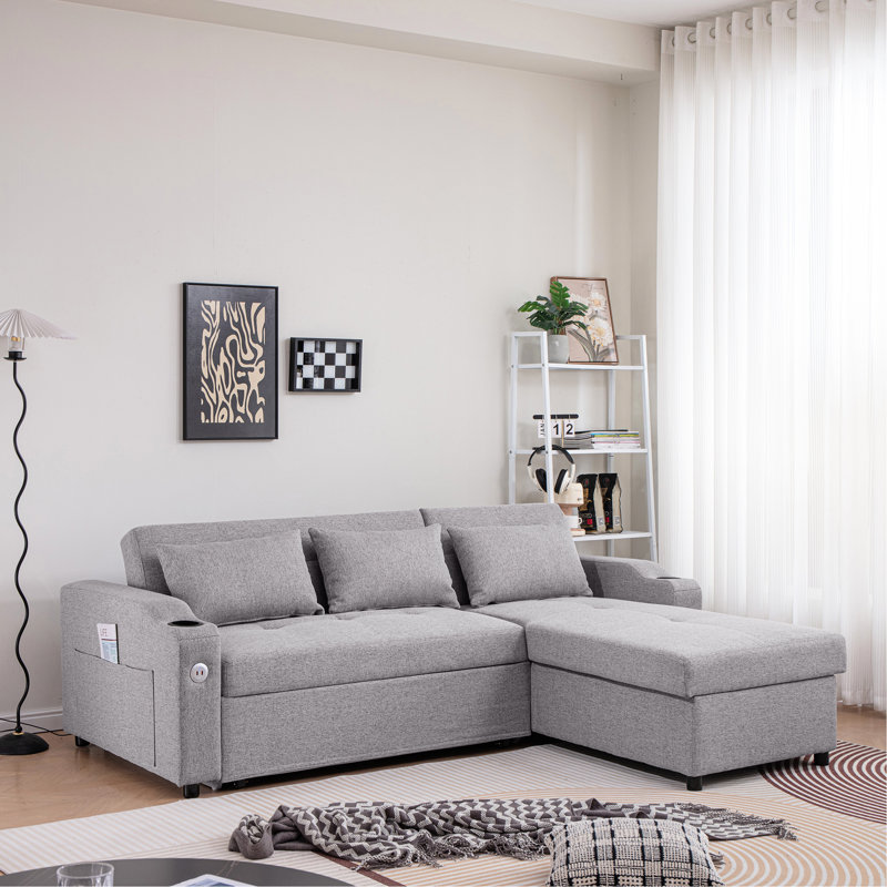 Convertible avec canapé-lit ajustable, port, porte-gobelets et chaise de rangement, 3 lits en lin pour le salon