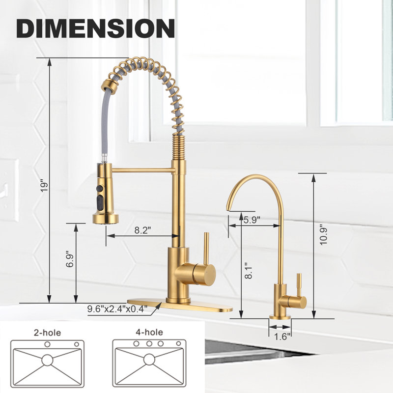 19 In. 360° Spout Swivel Pull Down Sprayer Kitchen Faucet With Water Filter Faucet In Gold, Gold