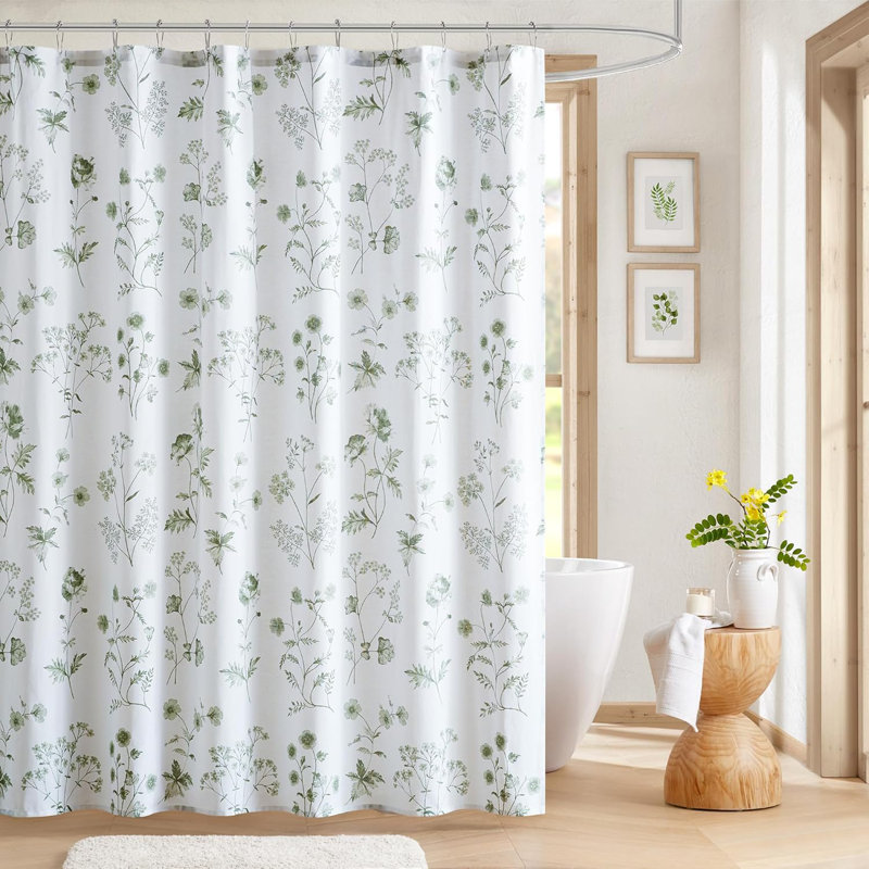 Cotton Shower Curtain With Botanical Floral Print - Spa Quality Bathroom Decor, Modern Farmhouse Design, 72X72 Inches, Green