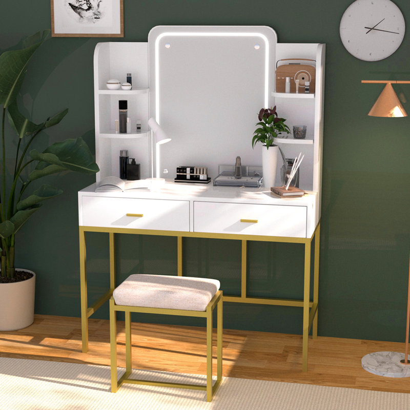 Ensemble coiffeuse avec miroir lumineux Gianalberto, Or/blanc