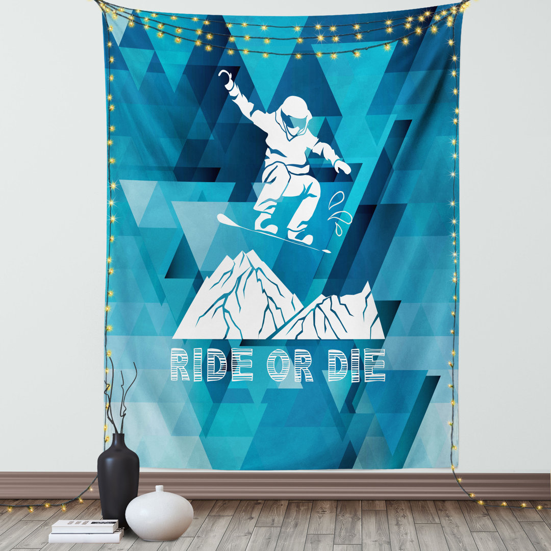 Wandbehang Ride or Die Sketch Letters Backdrop mit Snowboarding Mann