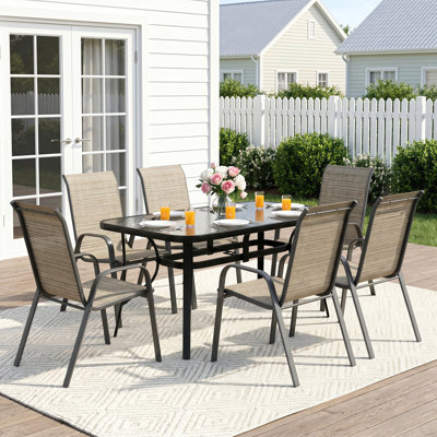All Weather Patio Dining Set For 6, Outdoor Table And Chairs With 1.69″ Umbrella Hole,  30"X 55" Table And Stackable Chair, For Lawn, Deck (Umbrella Not Included) (Black Table & Brown Chairs )
