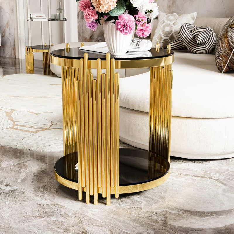Table de bout 19,8 po avec miroir noir pour le salon, structure asymétrique en métal or et espace de présentation inférieur rond avec tablette moderne