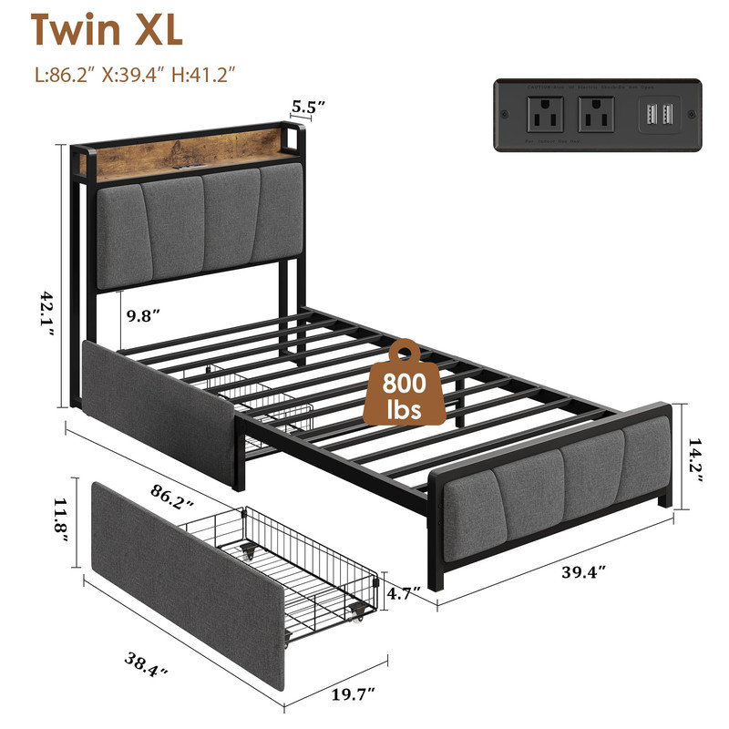 Twin XL Platform Bed with Storage Headboard and Charging Station - Linen Upholstered Frame with Drawers, USB & Type-C Ports, No Box Spring Needed, Light Grey