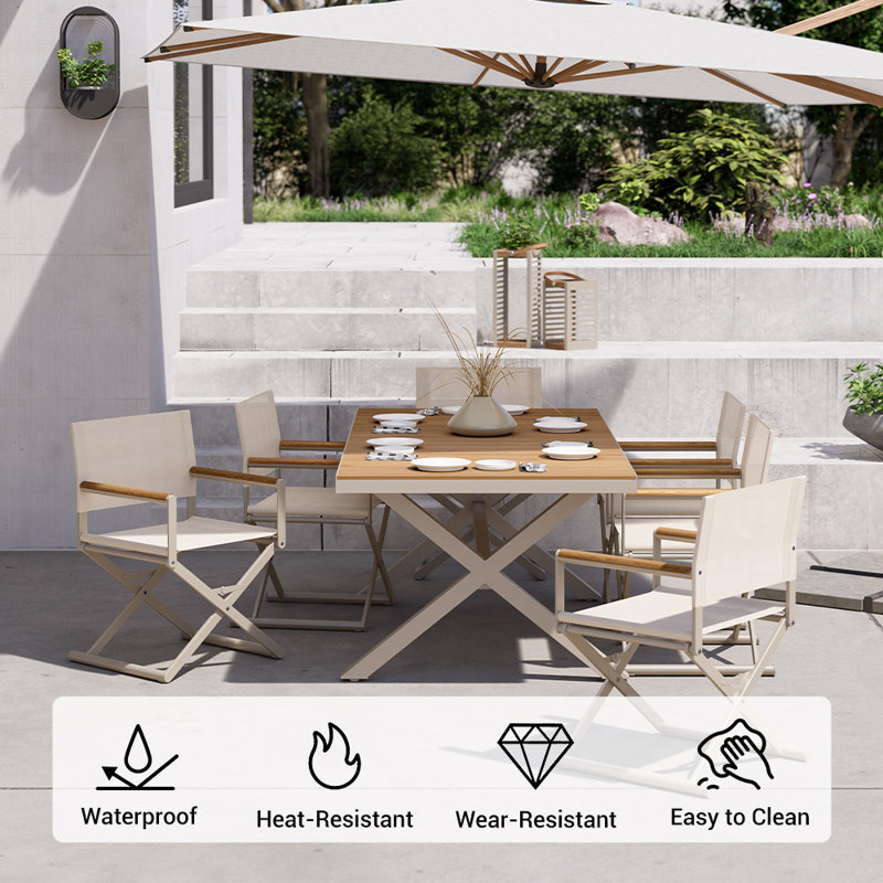 Table télescopique chauffante 7 pièces en aluminium et acier avec chaises, Blanc