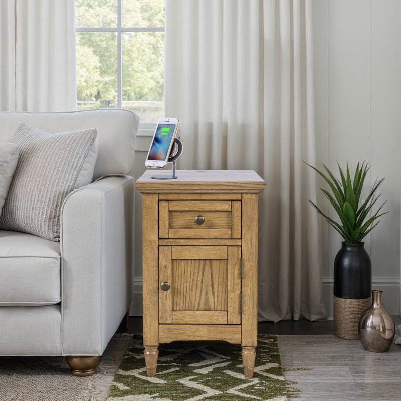 Grishe Modern Transitional USB Charging End Table with Storage Cabinet - Light Brown, Brown Wood