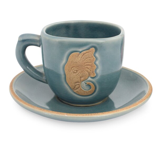 Glazed Celadon Ceramic 10 oz Mug with Brown Accents - Light Blue Elephant  Herd