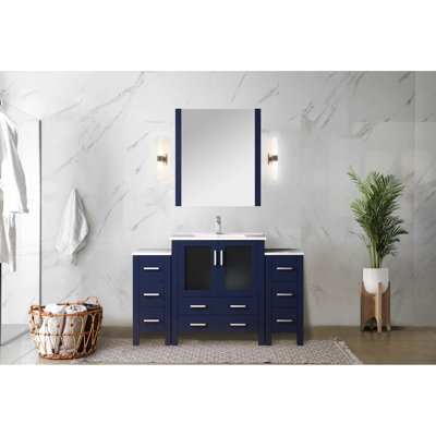 Bleu marine 54 po Meuble-lavabo de salle de bain avec robinet en acier inoxydable, comptoir en céramique résistant aux égratignures et robinet de baignoire à miroir mural de 28 po de large, teinte H