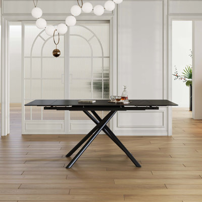 Table de salle à manger 71 pouces en pierre frittée rétractable noire, table rectangulaire moderne en acier au carbone pour 6 à 8 personnes