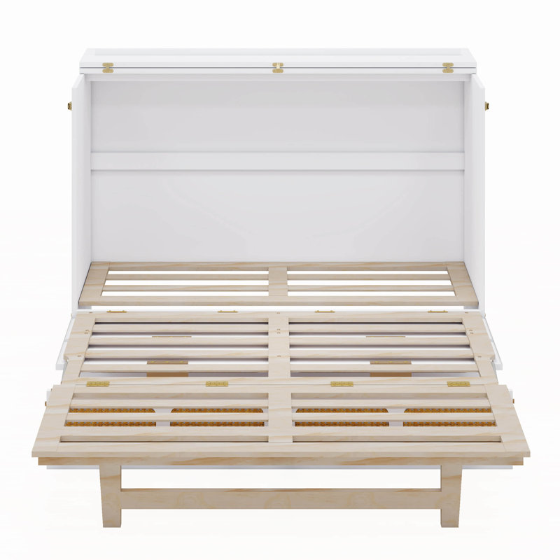 Lit escamotable en bois massif avec grand tiroir et armoire escamotable dissimulée avec station de charge USB, Double, Blanc