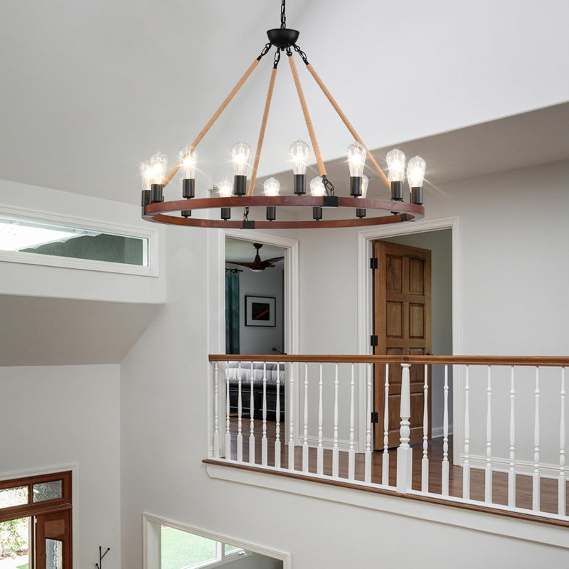 Lustre rustique en bois à roulettes - Luminaire rond de style campagnard pour salon, salle à manger, haut plafond avec chaîne réglable, certifié UL