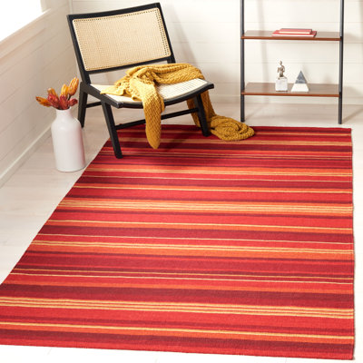 Tapis rayé rouge en laine et coton tissé à la main Kalaiya