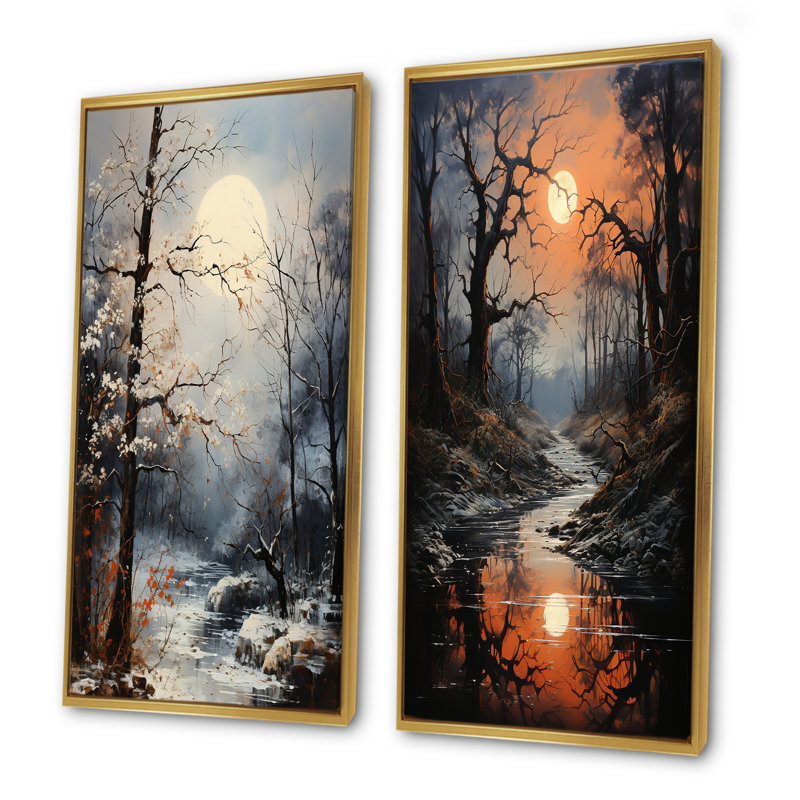 Moonlit Shadows In Winter - ensemble de 2 reproductions d'art murales en chêne, Cadre flottant doré, H 40 po x l 41 po