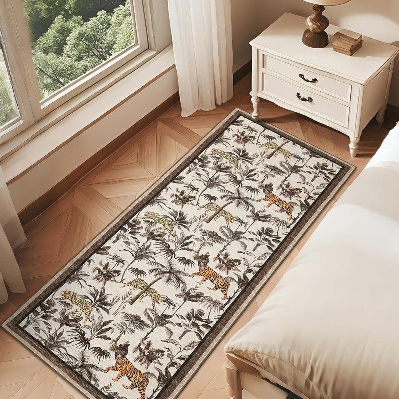 Washable Tiger Runner Rug for Kitchen 2x6 Non-Slip Non-Shedding Animal Floral Long Carpet, Low Pile Botanical Floor Covering, Foldable Black
